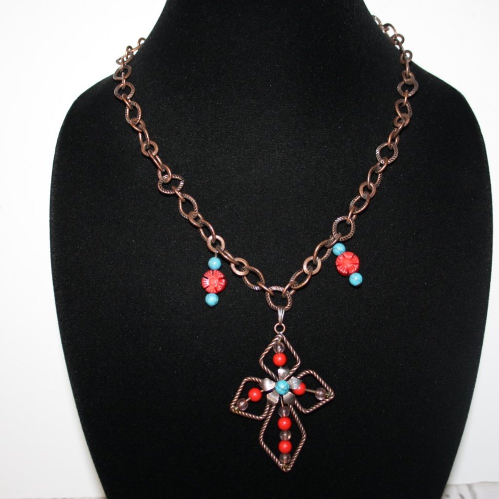 🧡🔷 Copper Cross Necklace w/ Faux Coral + Turquoise · 20" 🔷🧡
